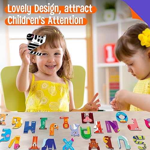Miniatura 4 de Letras mayúsculas magnéticas, 26 piezas de imanes de letras, herramienta educativa de aprendizaje del alfabeto y reconocimiento de animales para