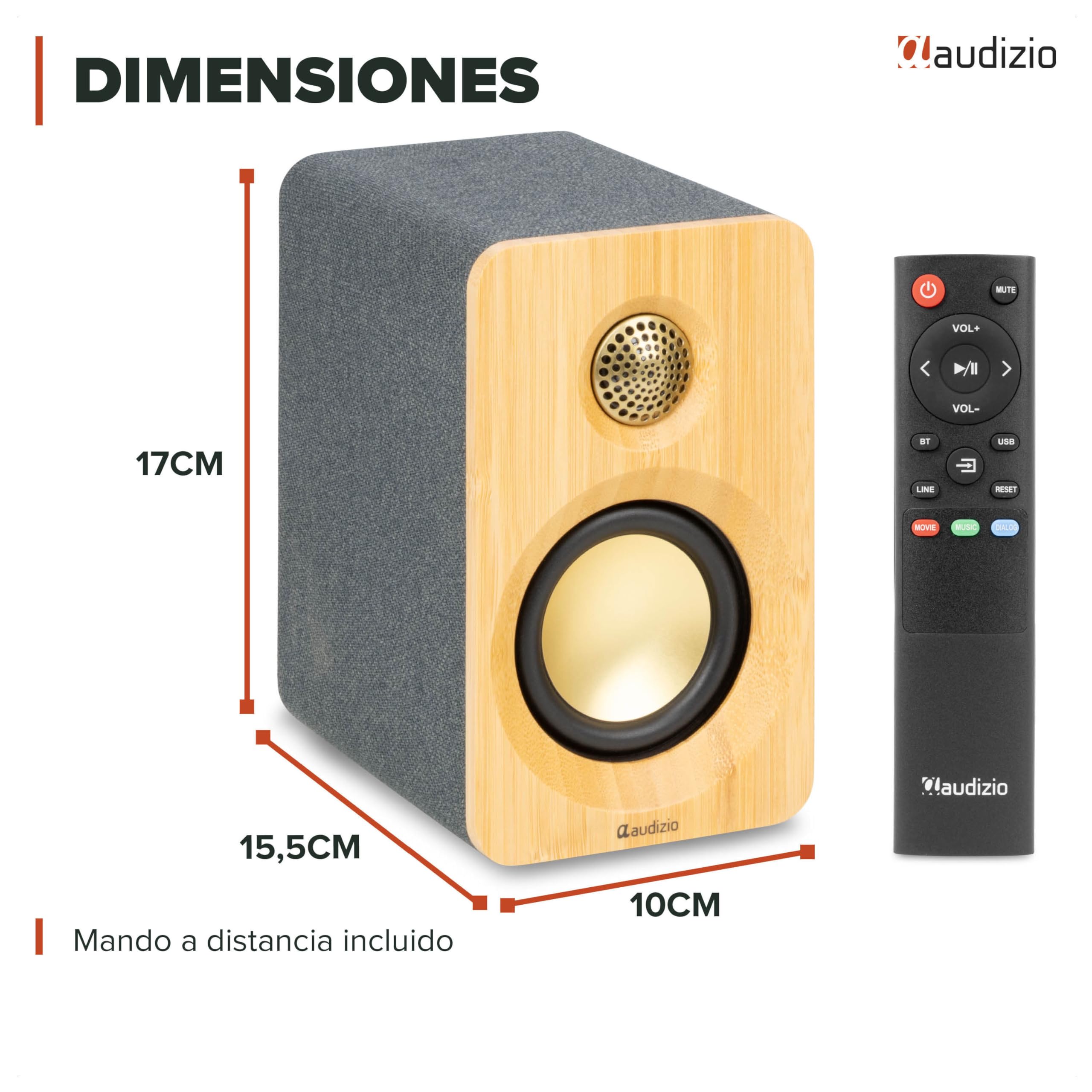 Audizio KS16 – Altavoces HiFi Activos 100W con Bluetooth 5.3, USB-C, Salida subwoofer, Amplificador Integrado, Altavoces de estanteria para música, Ordenador y Tocadiscos, Color bambú
