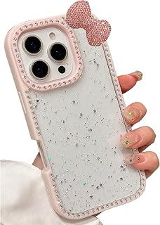 Cute case for iPhone 16 Pro, Clear Glitter Rhinestone Bow case,Glitter Pretty Sparkly Shockproof Girls Women Protective Case Cover for iPhone 16 Pro-Pink