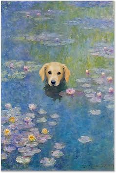 Aozomo Monet Water Lilies Canvas Art Print Funny Golden Retriever Poster Dog Floral Print Abstract Farmhouse Gallery Aesthetic Room Decor for Bedroom Bathroom 20x30in,Unframed