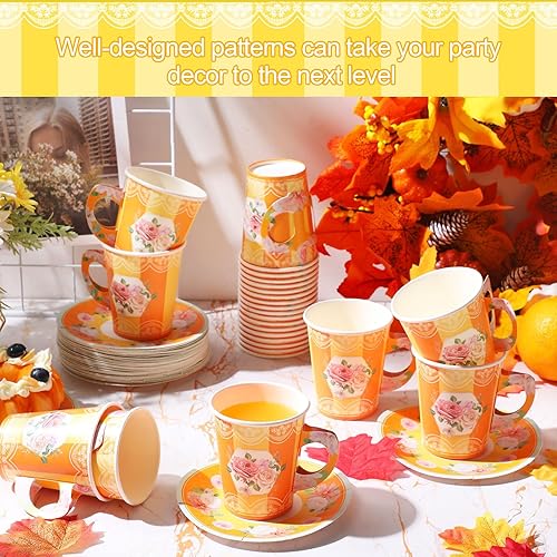 Miniatura 4 de 100 piezas de decoración de fiesta de té, incluye 50 tazas de té desechables de papel para fiesta de flores y 50 platos, tazas de té y platillos de