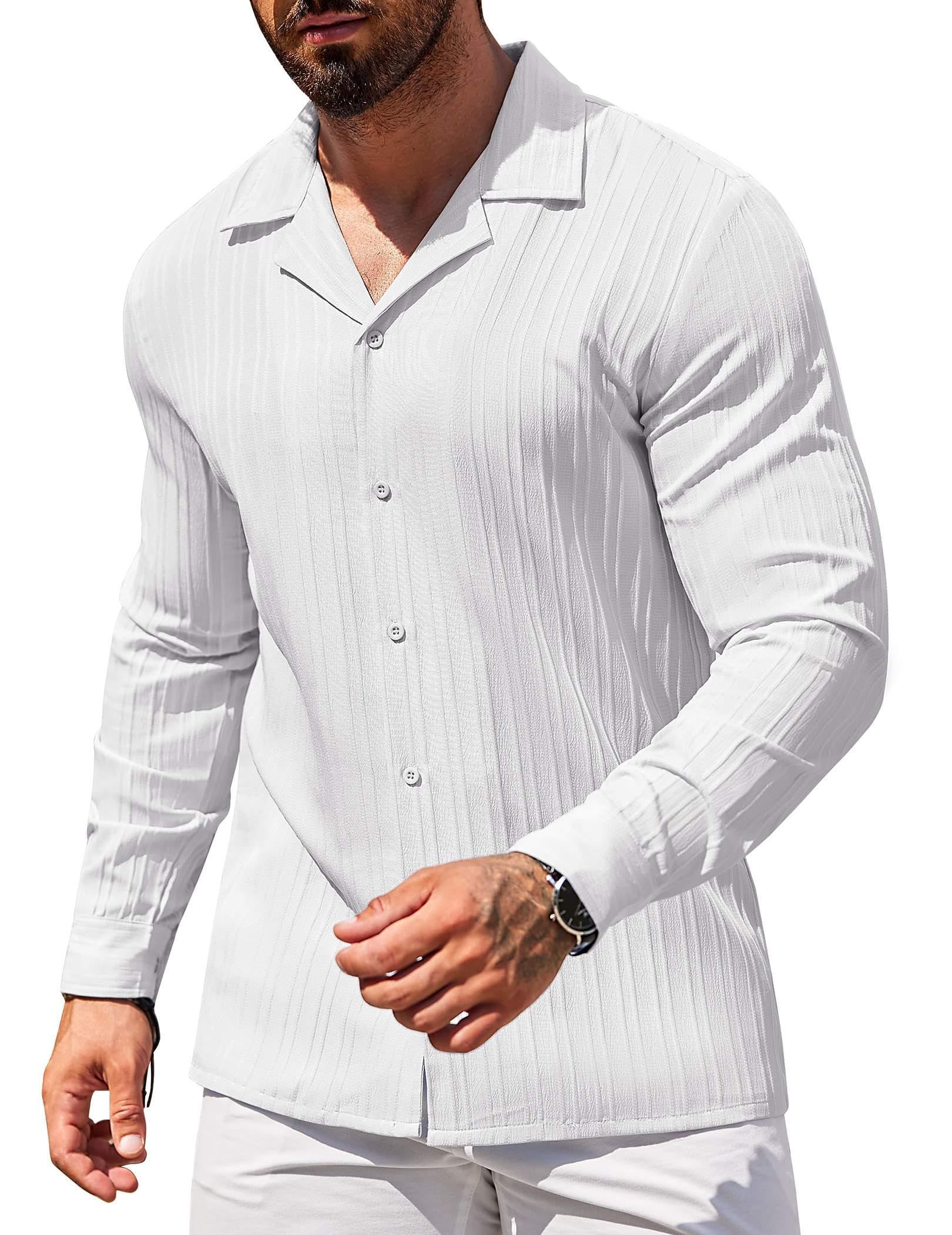 COOFANDYMen's Casual Shirts Long Sleeve Button Down Shirt for Men Fashion Textured Linen Beach Shirt