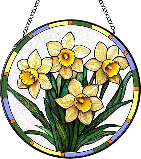 Stained Glass Suncatchers Window Hanging, Narcissus Flower Sun Catchers Indoor Window Stained Glass Hanging Garden Decor, Birthday Gifts for Mom Grandma Aunt Sister Bestie 6.3 in