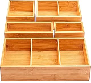 5-Piece Bamboo Drawer Organiser | Multi-Sized Compartments with Removable Dividers | Set of 5 Durable Wood Storage Boxes with Extra Foot Pads | Perfect for Home and Office Use