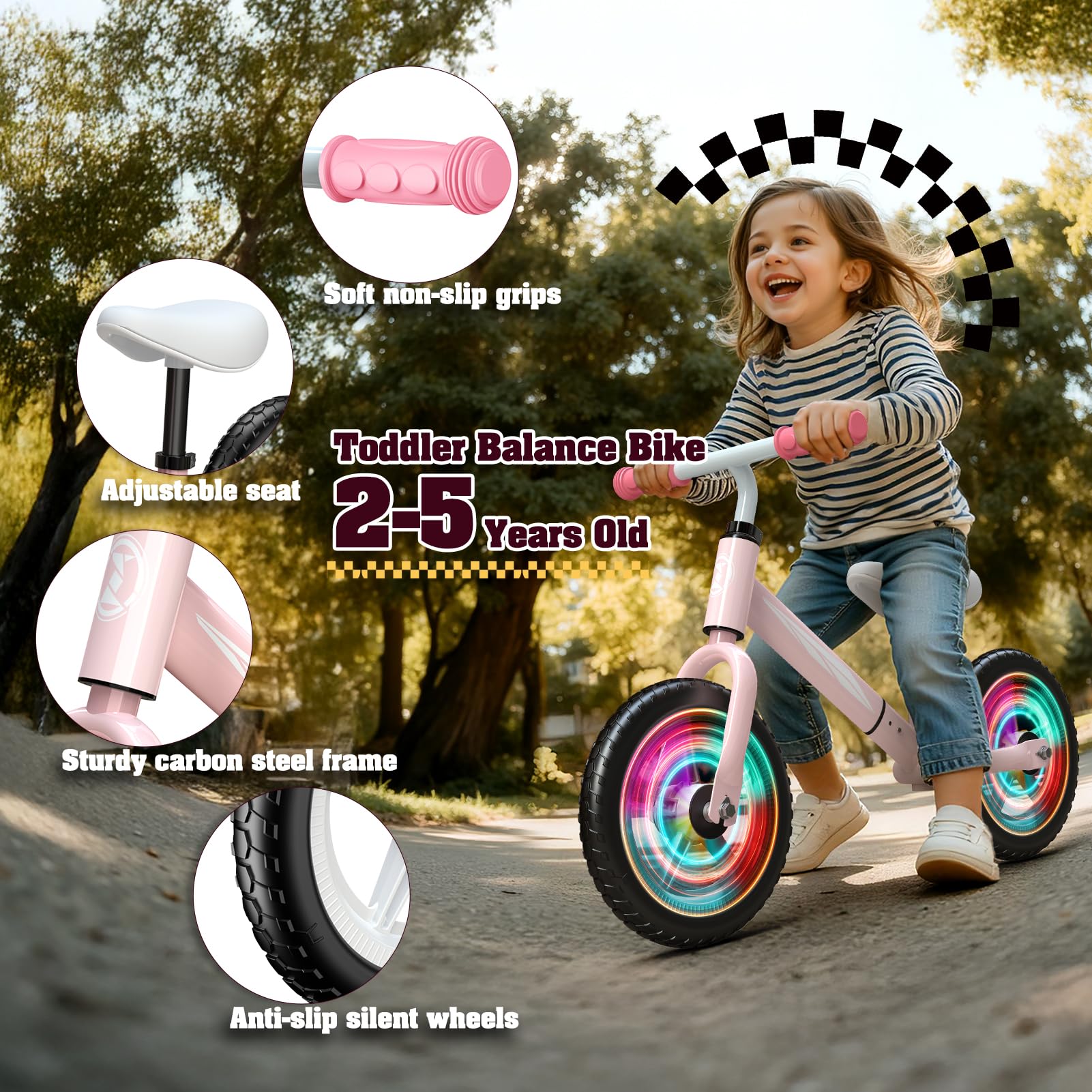 Dromlag Bicicletta senza Pedali per Bambini 2-5 Anni, Regolabile in Altezza (Sella e Manubrio), Luci LED, Gomme Antiscivolo, Regalo Bambino 2 3 4 5 Anni, Max 50 kg, Colore Rosa