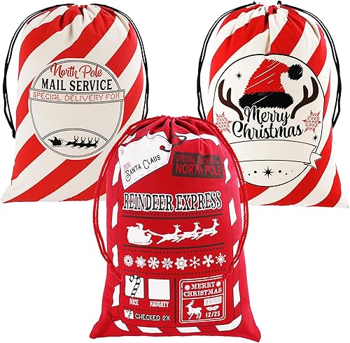 Miniatura 8 de JOYIN 3 bolsas de regalo de arpillera de Papá Noel personalizadas con cordón para bolsa de almacenamiento grande de paquetes de Navidad, suministros