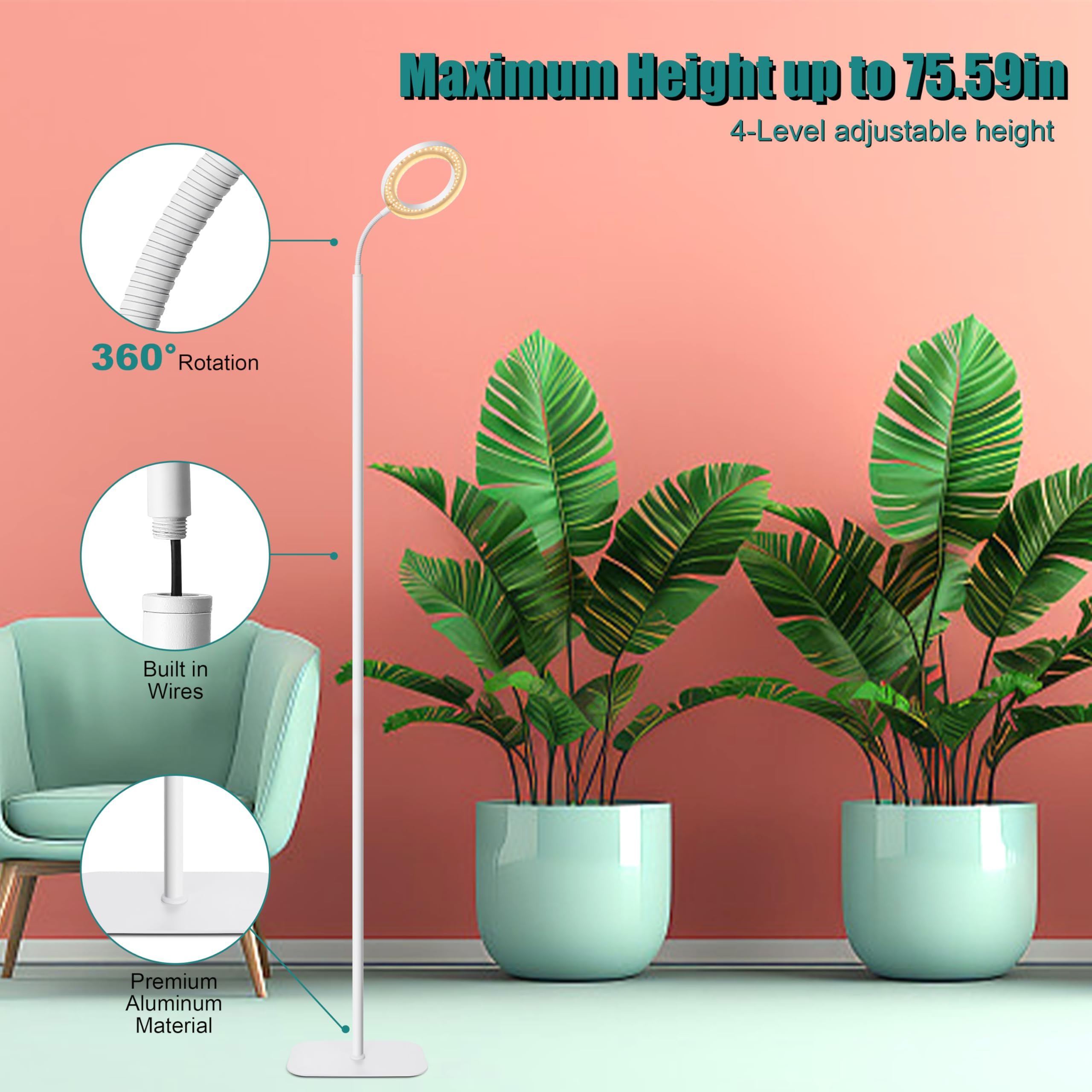 White Ring Floor Grow Light, Lampada a LED a spettro completo con supporto, timer 3/9/12H, dimmerabile a 10 livelli, regolabile in altezza da 150 cm, lampada di crescita 3000 K, per piante alte