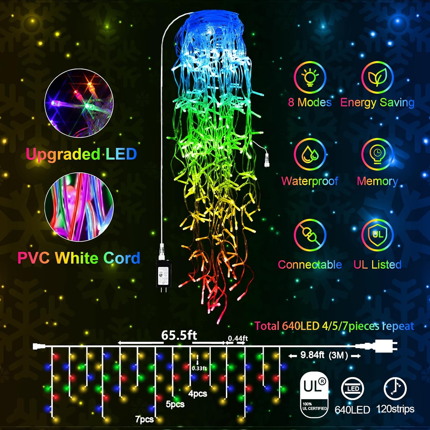 65 FT 640 LED Christmas Lights Outdoor Decorations Clear Wire String Lights Plug in 120 Drops 8 Modes Memory Timer Connectable Curtain Fairy Lights Waterproof for Holiday Wedding Party-Multicolored