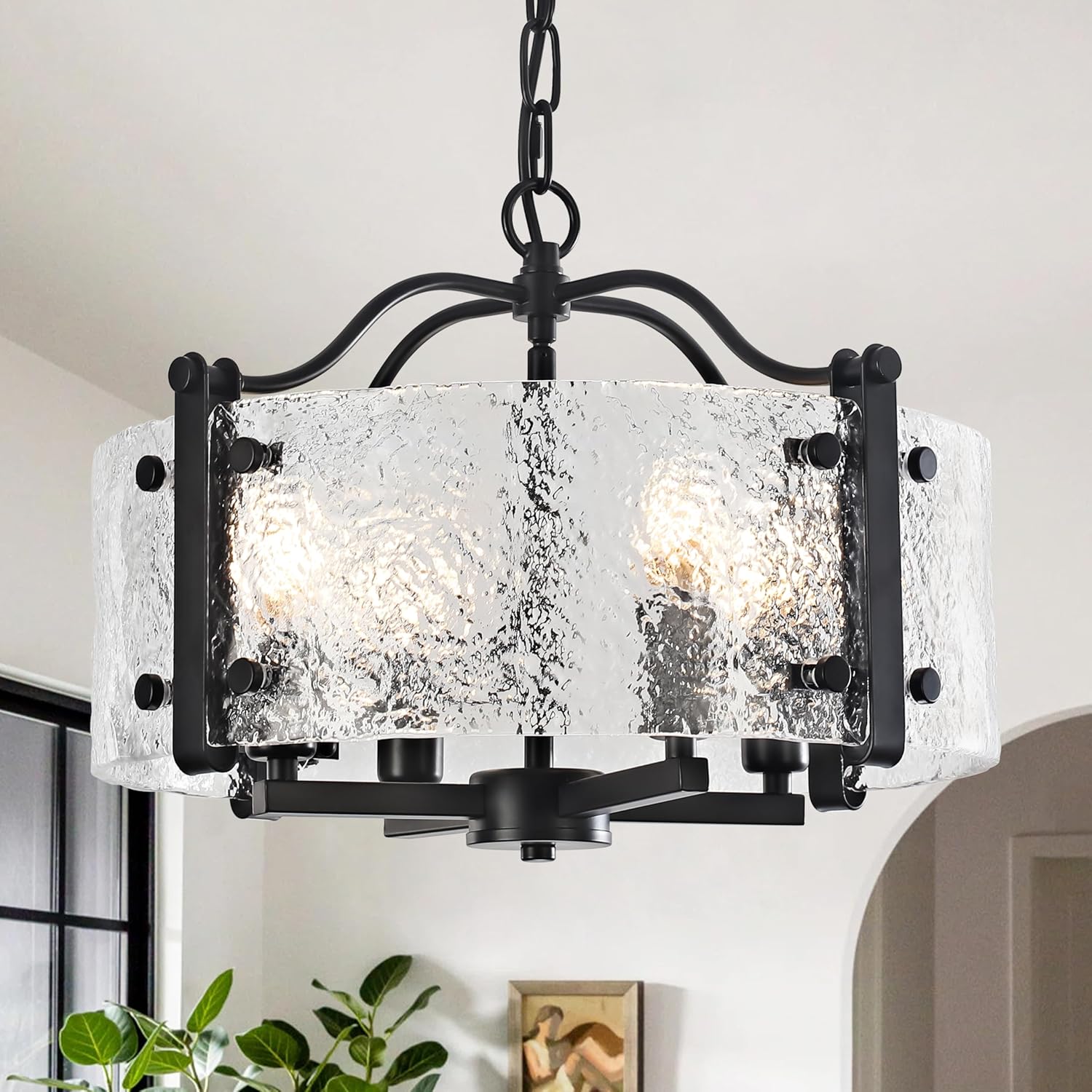 16.1" Black Glass Drum Chandelier, 4-Light Farmhouse Pendant Light Modern Round Ceiling Light Fixture with Adjustable Hanging Chain for Dining Room, Kitchen, Living Room, Foyer, Entryway