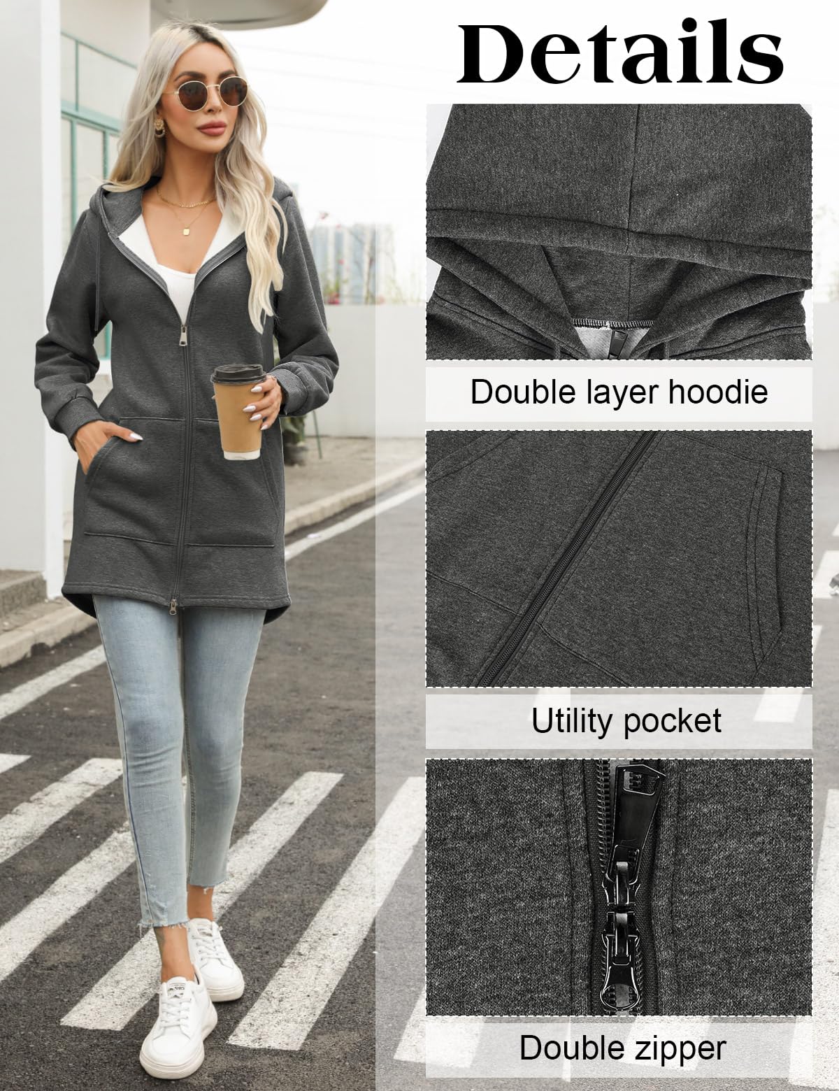 Tuopuda Sweat-Shirt Femme Sweat à Capuche Zippé Épais Hoodie Sport Hiver Manche Longue Manteau Grande Taille Coupe-Vent Gilet Long Automne avec Poches Zip Up Sweatshirts