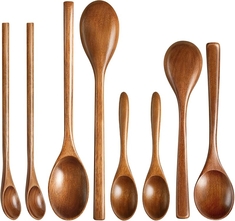 MORGLES 8Pcs Small Wooden Spoons Set, 4 Sizes & Shapes | for Honey, Coffee, Tea, Soup & Oatmeal, 2 Round Spoons Included, Handcrafted, Food-Safe Finish