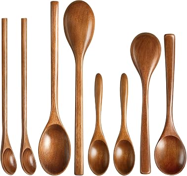 MORGLES 8Pcs Small Wooden Spoons Set 4 Sizes & Shapes for Honey, Coffee, Tea, Soup & Oatmeal | 2 Round Spoons Included | Handcrafted, Food-Safe Finish