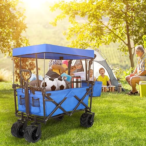 Miniatura 5 de Arlopu Carrito de jardín plegable con toldo extraíble, carrito plegable extra grande con ruedas de 7 pulgadas, carro de playa todo terreno