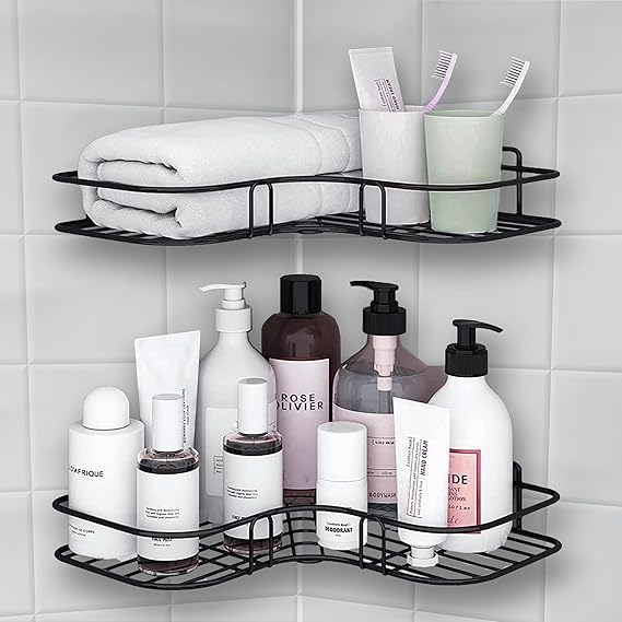 Decohaven Self-Adhesive Shelves for Corner Walls for Bathroom Organizer - Bathrom Corner Shelf with Magic Sticker (Pack 2 Black)