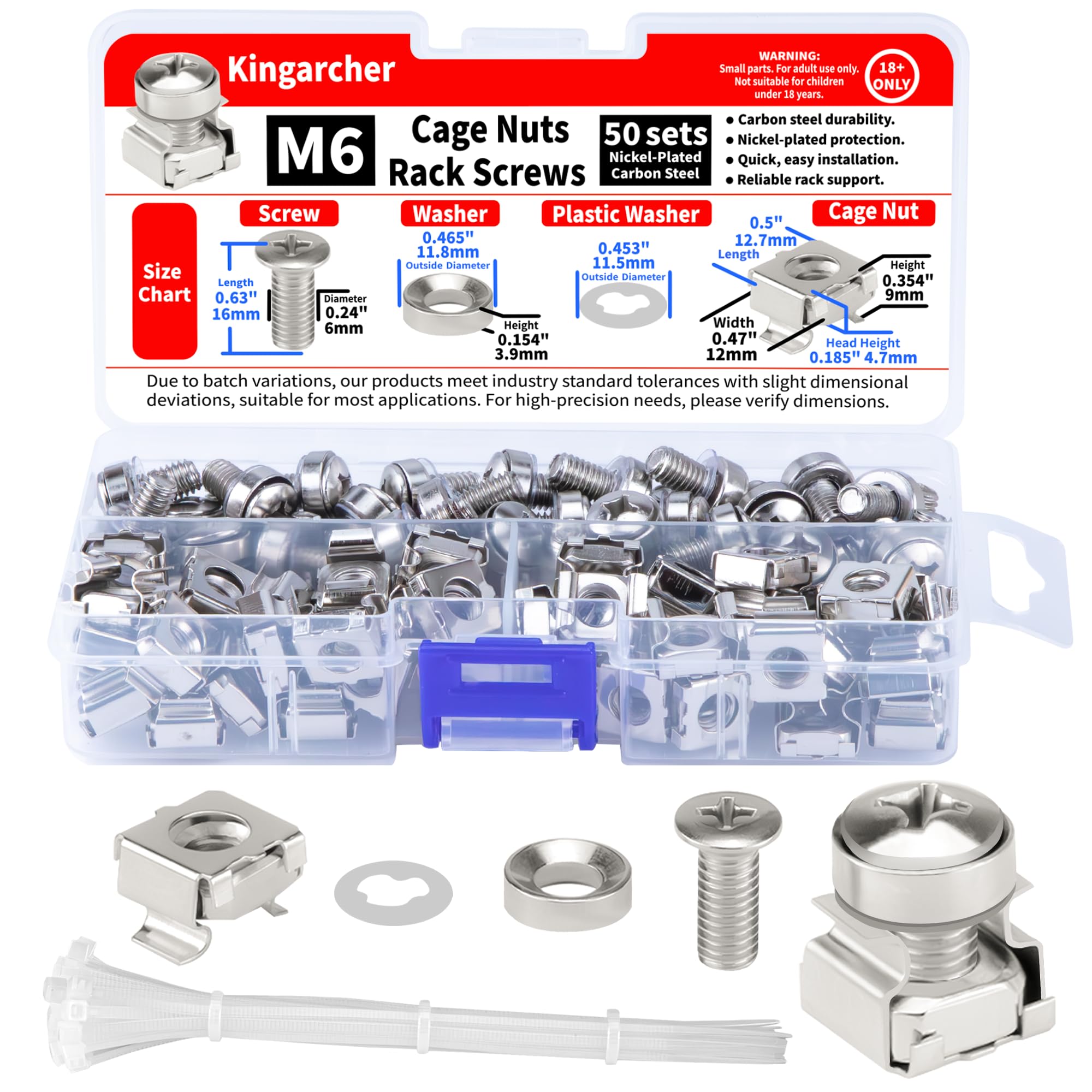 50-Pack M6 x 16mm Rack Mount Cage Nuts, Screws, Washers, and Plastic Washers – Compatible with Server Cabinets, Shelves, and Routers – Includes Bonus Self-Locking Cable Ties (Silver)
