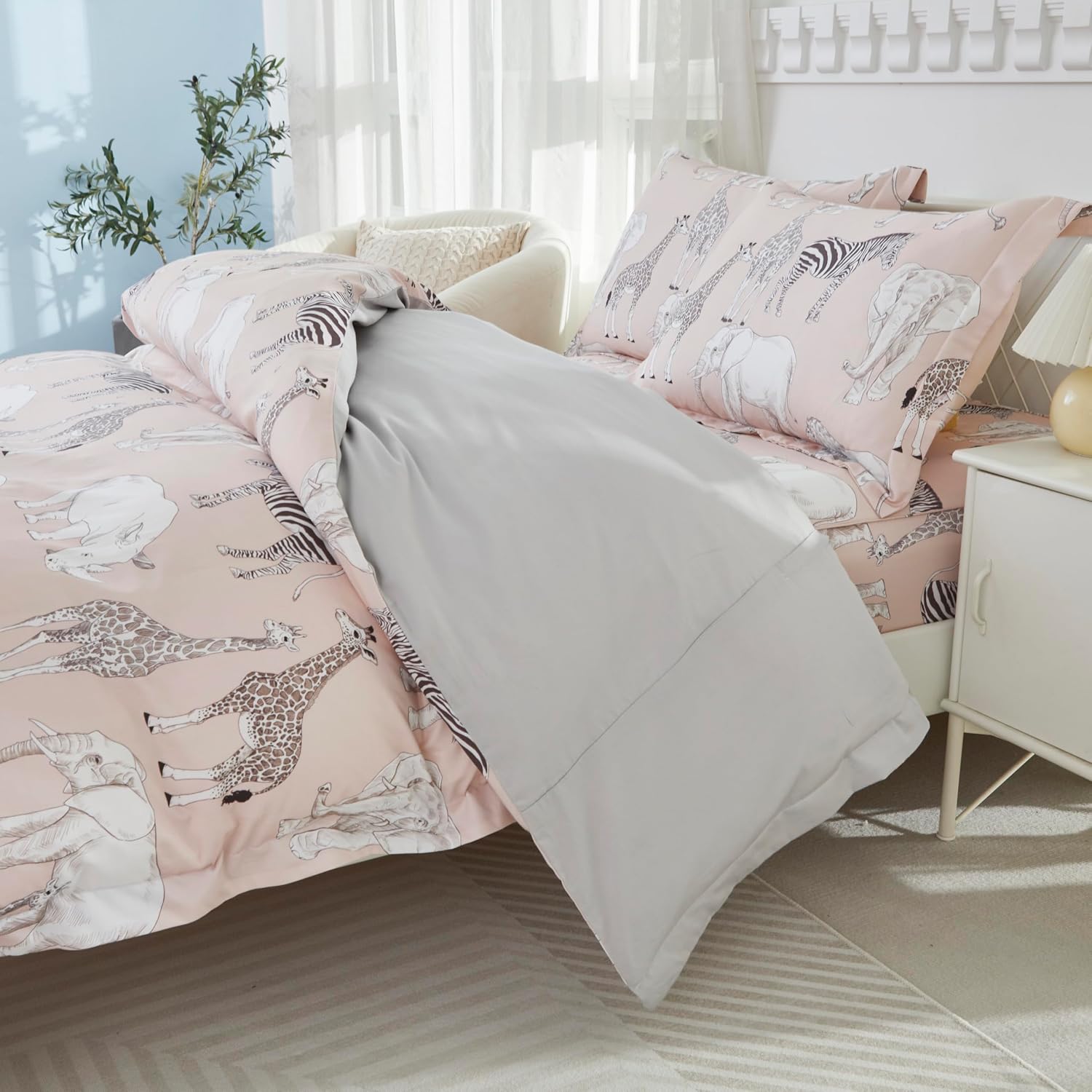 Brandream Duvet Cover Queen Size 100% Percale Cotton 3pcs Girl Boys Girls Bedding Duvet Cover Shams Set, Delicate Ruffle Fringe Soft Breathable (Blush Jungle Safari Animals)