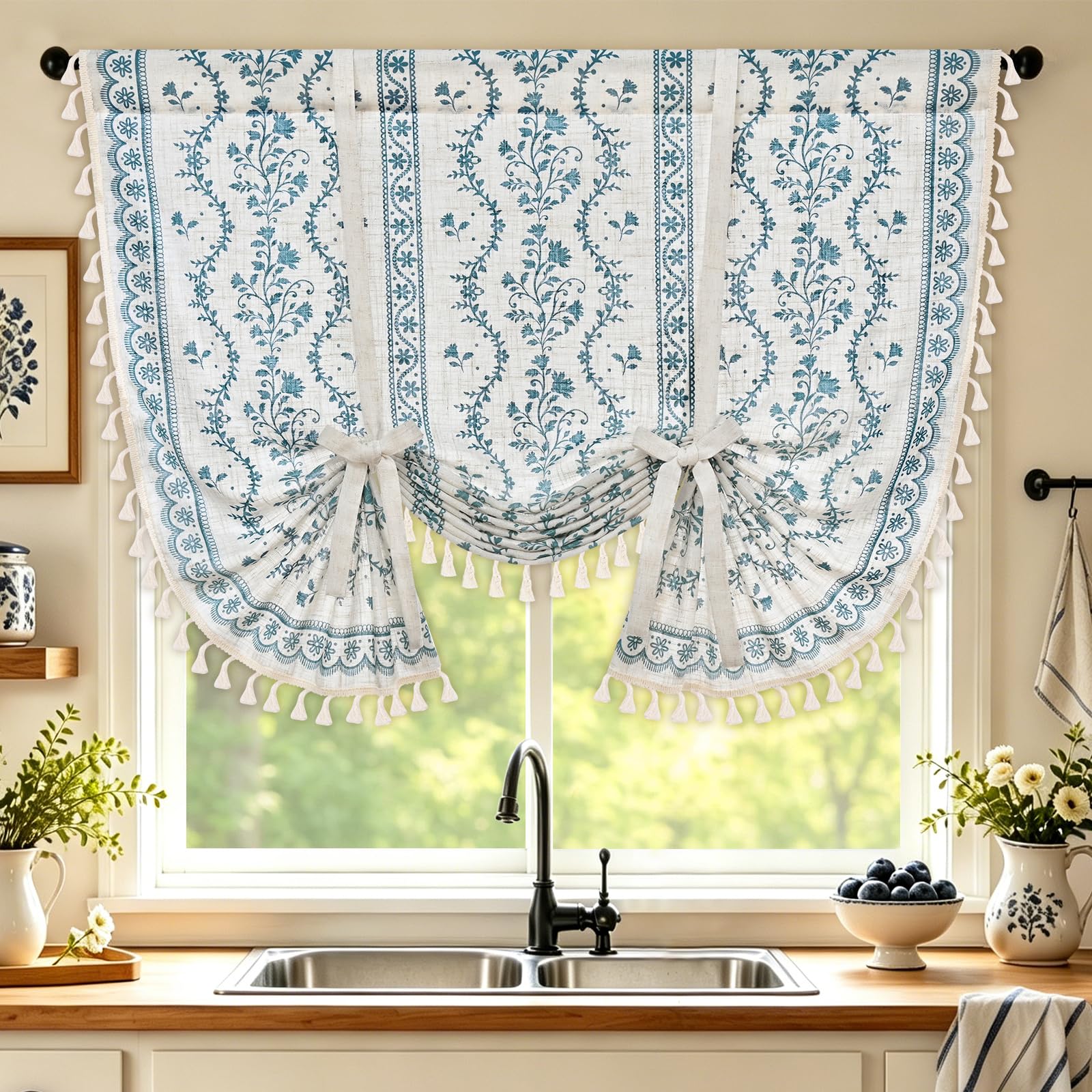Yinhua Boho Tie Up Curtains for Windows Vintage Linen Valance Light Filtering Floral Valance Rod Pocket Rustic Adjustable Tassel Window Valances for Bathroom, 42" W X 45" L, White Blue