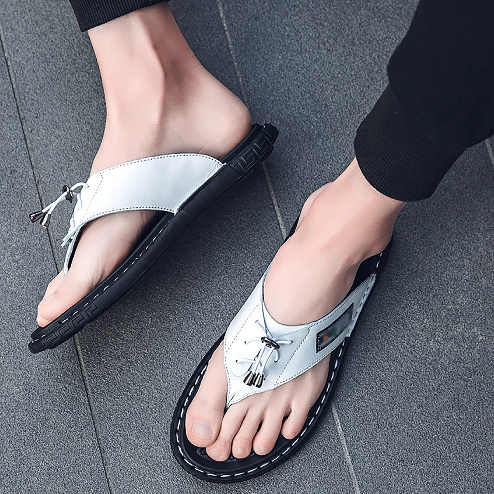G&F Uomo Infradito Pelle Sandali Morbido Punta Clip Pantofole Estate Spiaggia Piscina All'aperto Interno (Color : White, Size : 41)