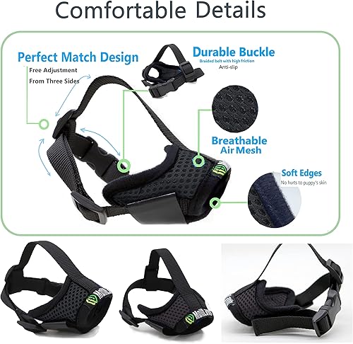 Vista 44 de Bozal para perros pequeños, XS para aseo y masticar, bozal de malla suave, sin ladridos, ajustable para evitar que se coman heces (color negro)