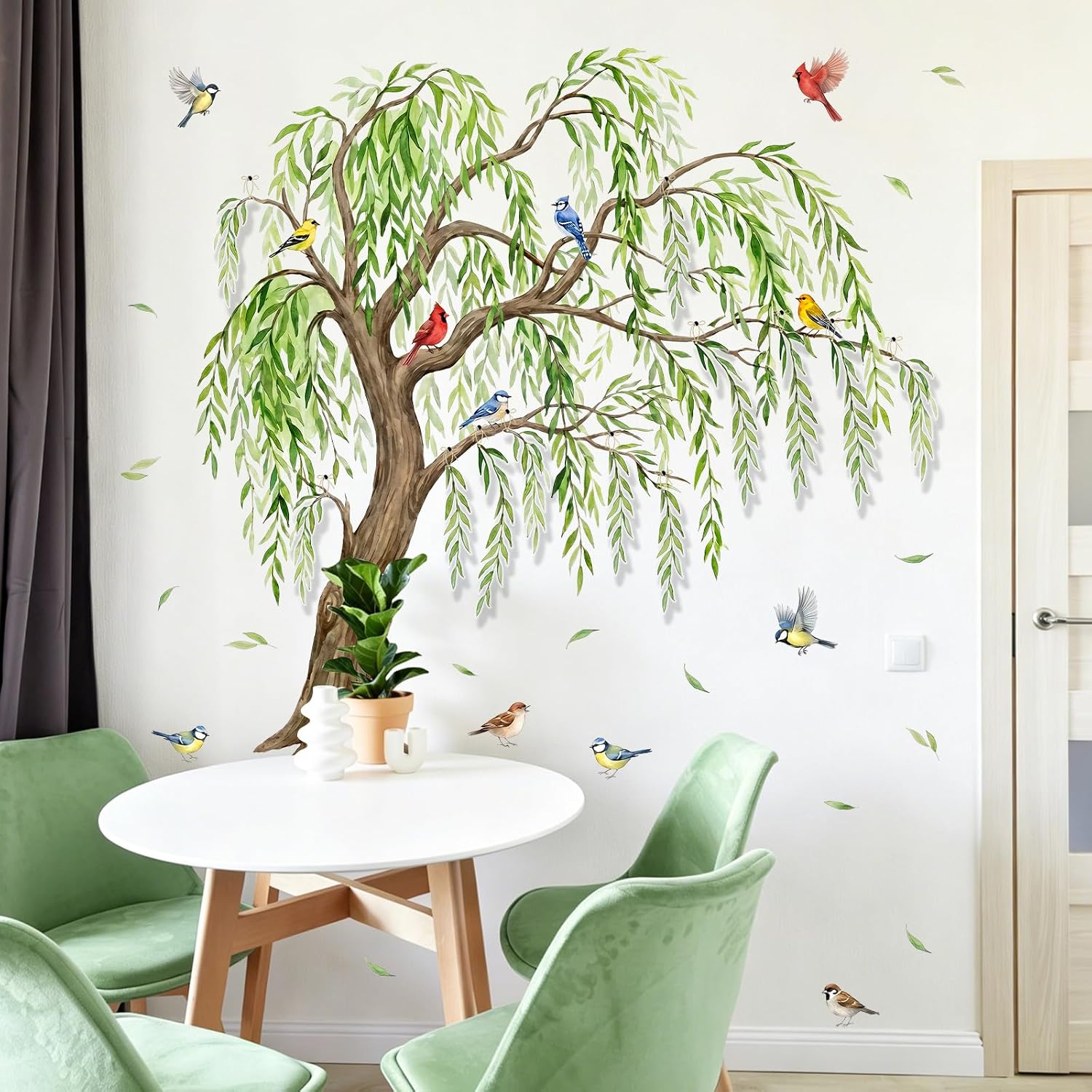 Runtoo Large Tree Wall Decals Peel and Stick 3D Green Leaves Branch Birds Wall Stickers Kids Room Classroom Bedroom Decor image 2
