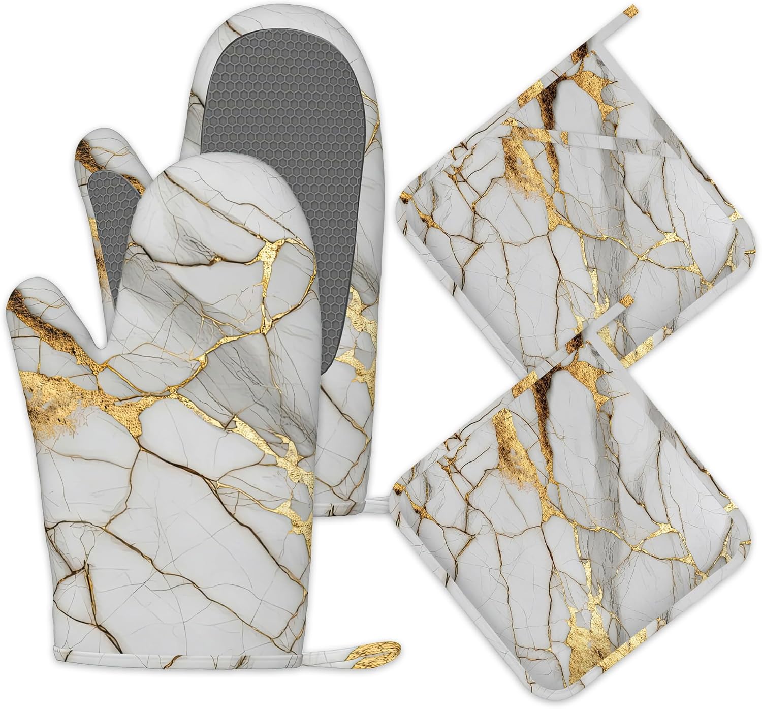 White Gold Marble Oven Mitts and Pot Holders Sets,Silicone Abstract Kitchen Mitts Potholders Heat Resistant 4Pcs Oven Gloves Hot Pads for Kitchen Baking Cooking