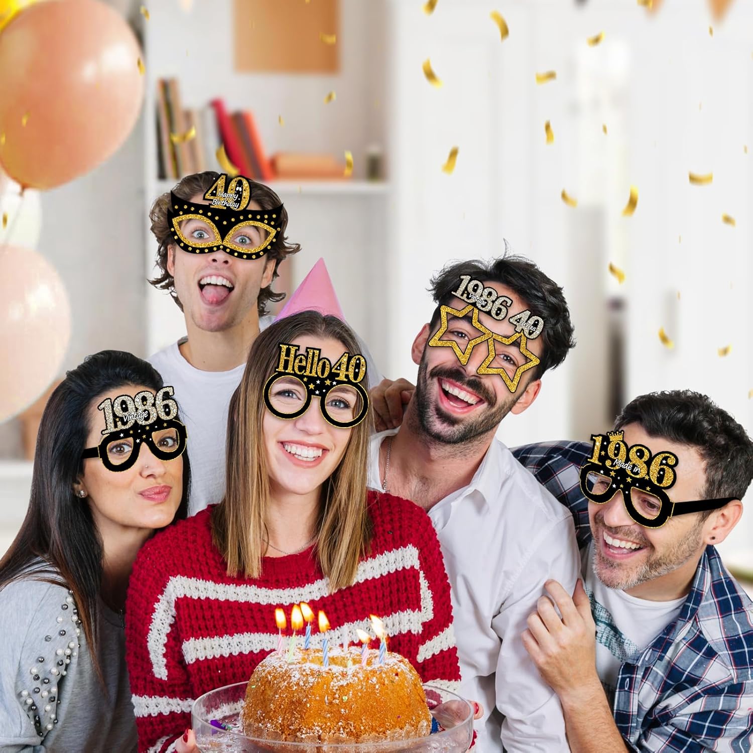 24Pcs 1986 40th Birthday Paper Glasses Decorations for Men Women - Black Gold Happy 40th Birthday Paper Eyeglasses Photo Props, Vintage 1986 Forty Years Old Birthday Party Supplies - Image 6