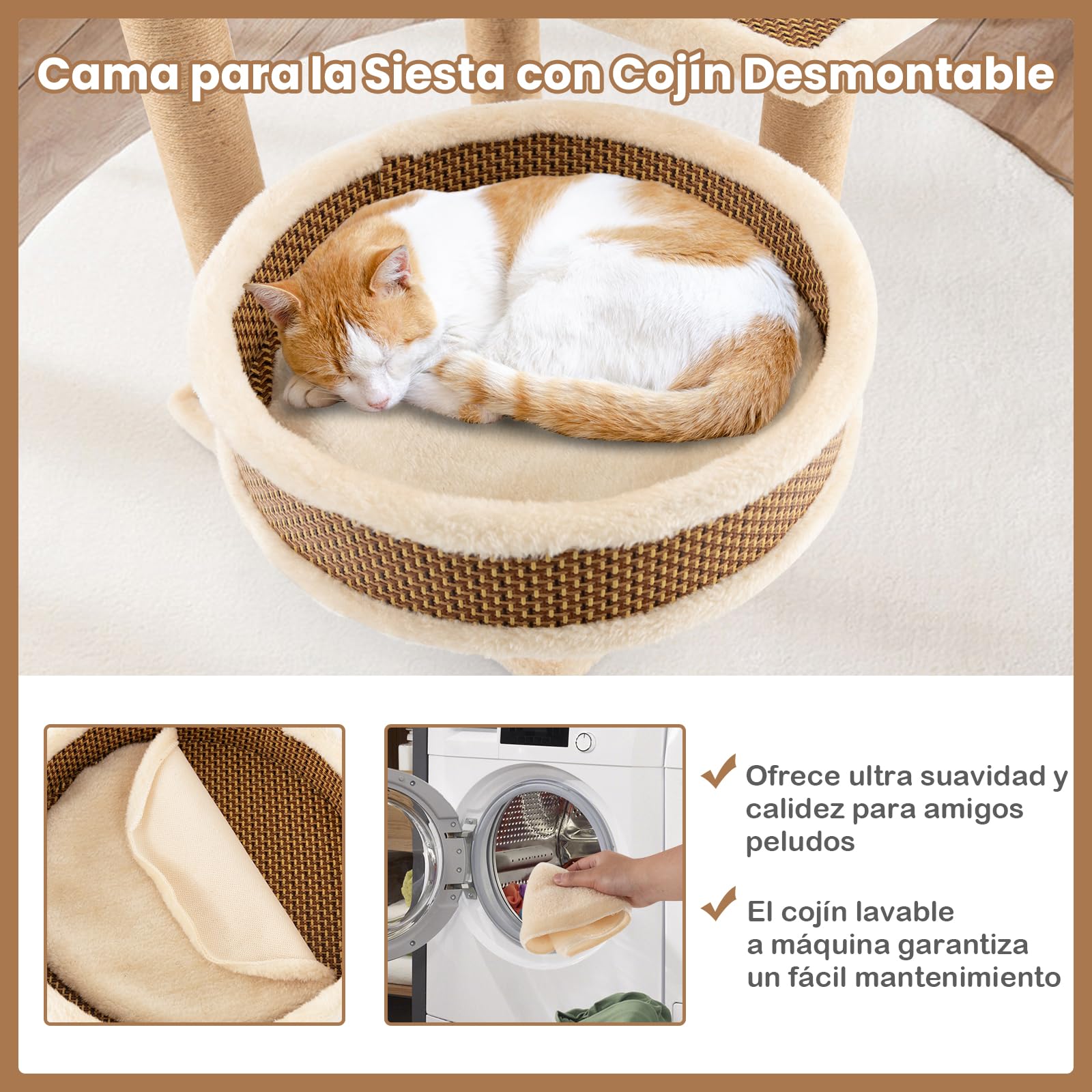 COSTWAY Torre para Gatos de Ratán, Árbol para Gatos de Interior con 3 Juguetes Colgantes, Árbol Rascador, Plataforma, Cama Espaciosa, Centro de Actividades con Tapete de Felpa (40 x 40 x 90 cm)