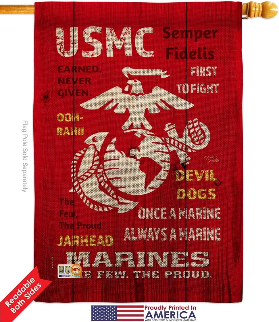 Marine Corps USMC Burlap House Flag Armed Forces Semper Fi United State American Military Veteran Retire Official Small Decorative Gift Yard Banner Double-Sided Made In USA 28 X 40