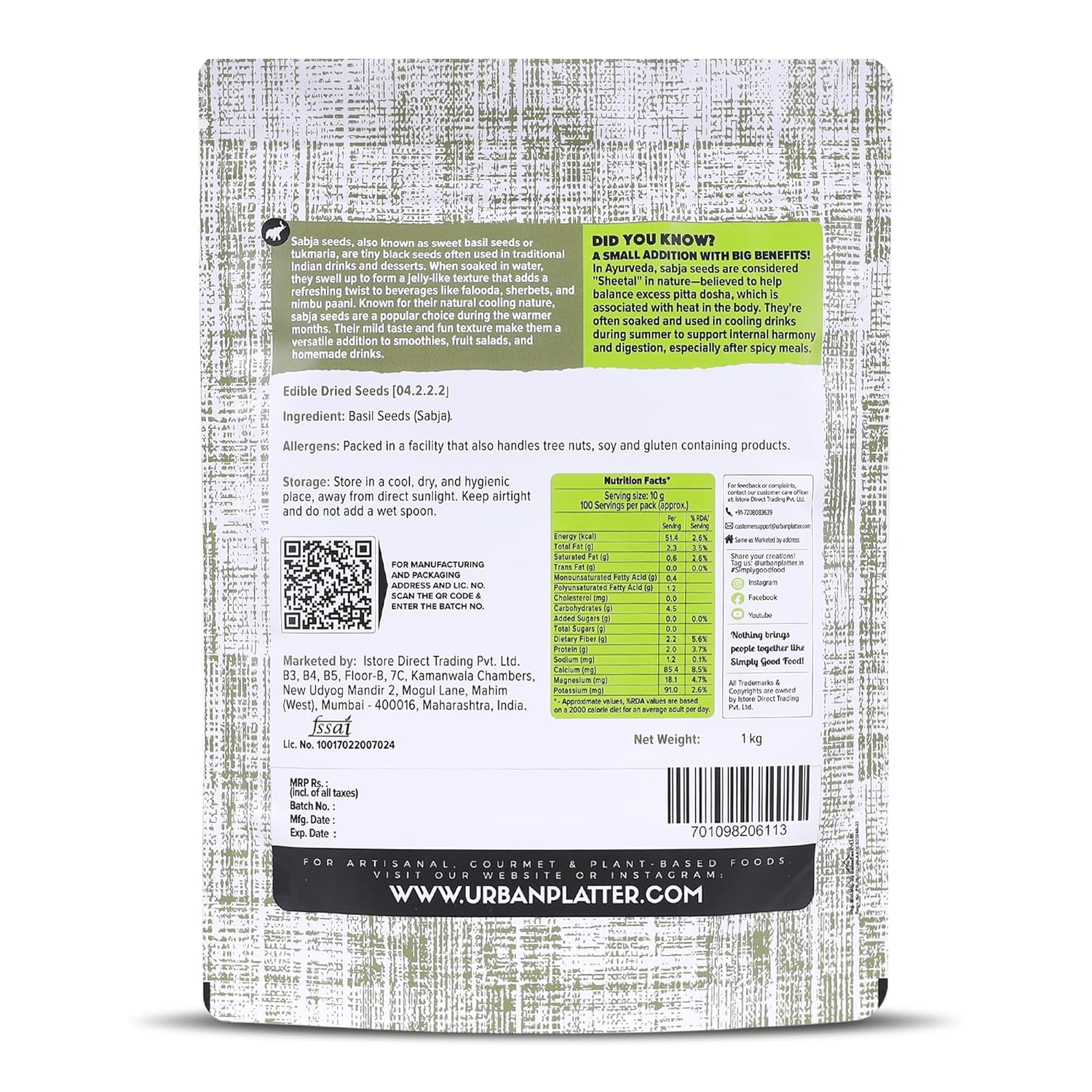 Urban Platter Basil Seeds (Sabja), 1Kg [Digestive, Cooling Effect, Premium Quality]