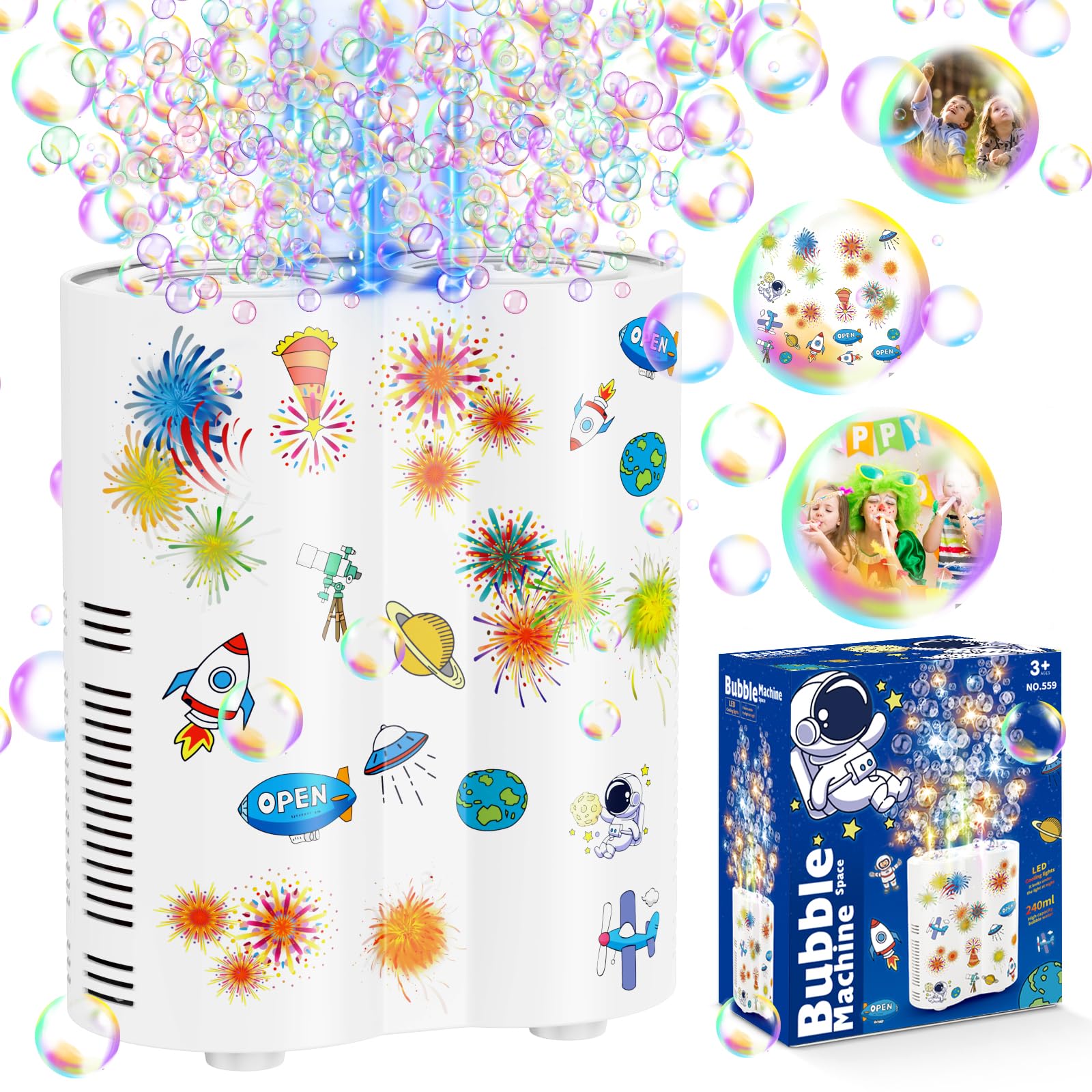 Panamalar Machine à bulles de savon feu d'artifice, machine à bulles automatique pour enfants 20000+ bulle/min,26 trous souffleur à bulles avec lumières/240ml Solution, fête en plein air mariage