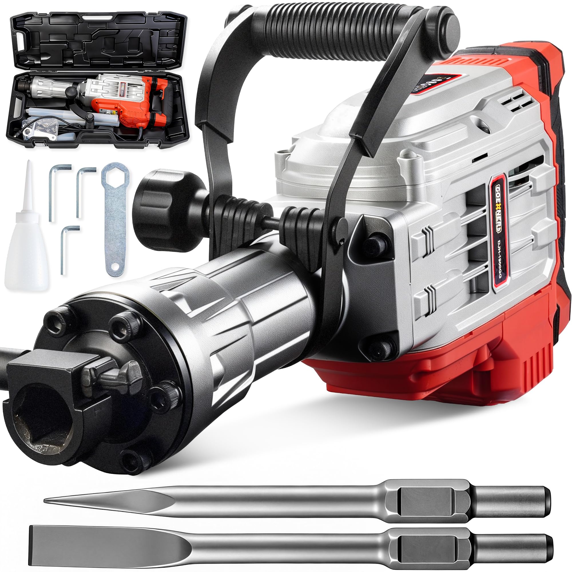 MAX 3500W Electric Demolition Jack Hammer, Heavy Duty Concrete Breaker with 1900 BPM 60J Impact Energy, Includes 2 Chisel Bits, Wheeled Carry Case for Trenching and Breaking Holes (Large)