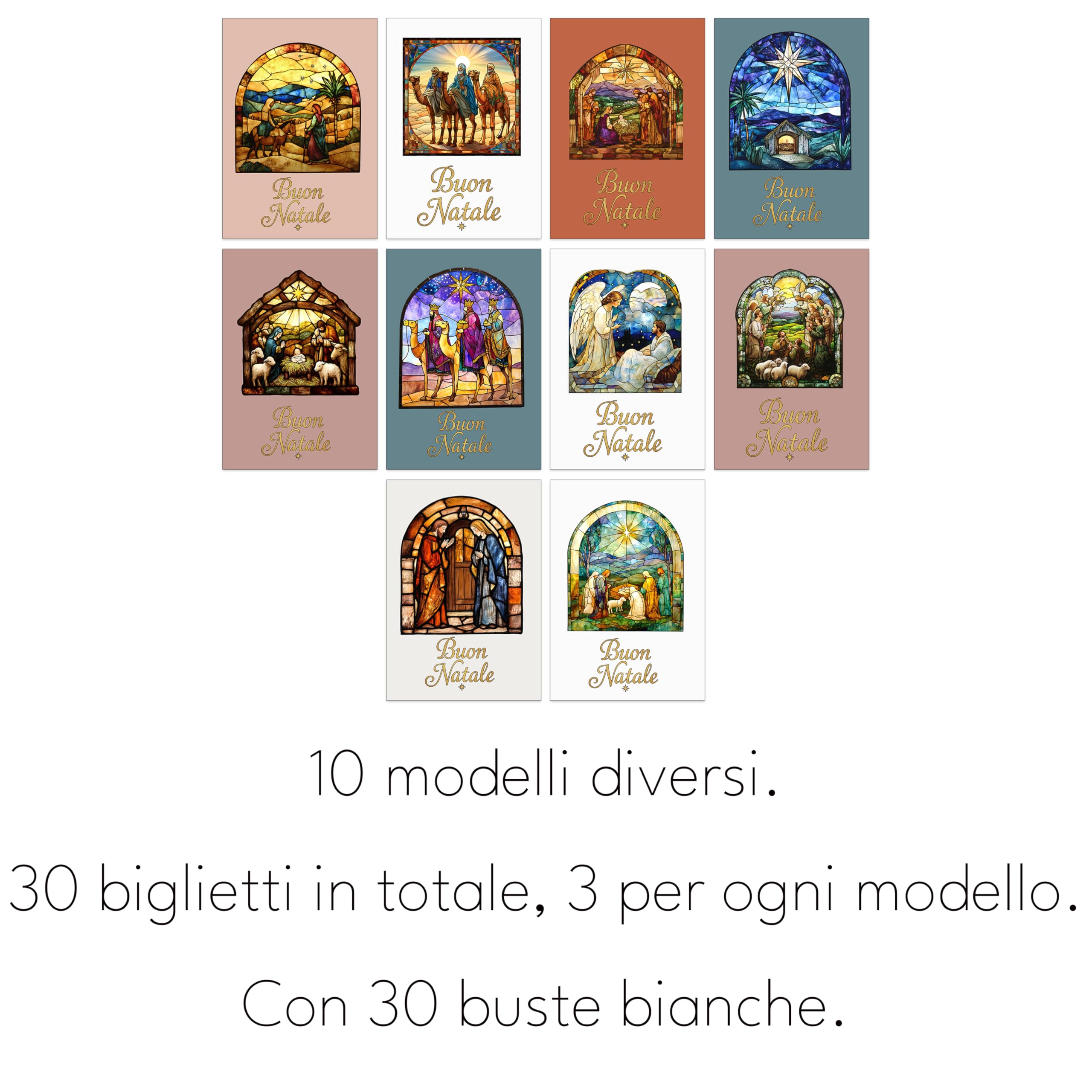 Set di 30 Biglietti di Natale Religiosi A6 con Vetrate 10 Design Cristiani Buste Bianche