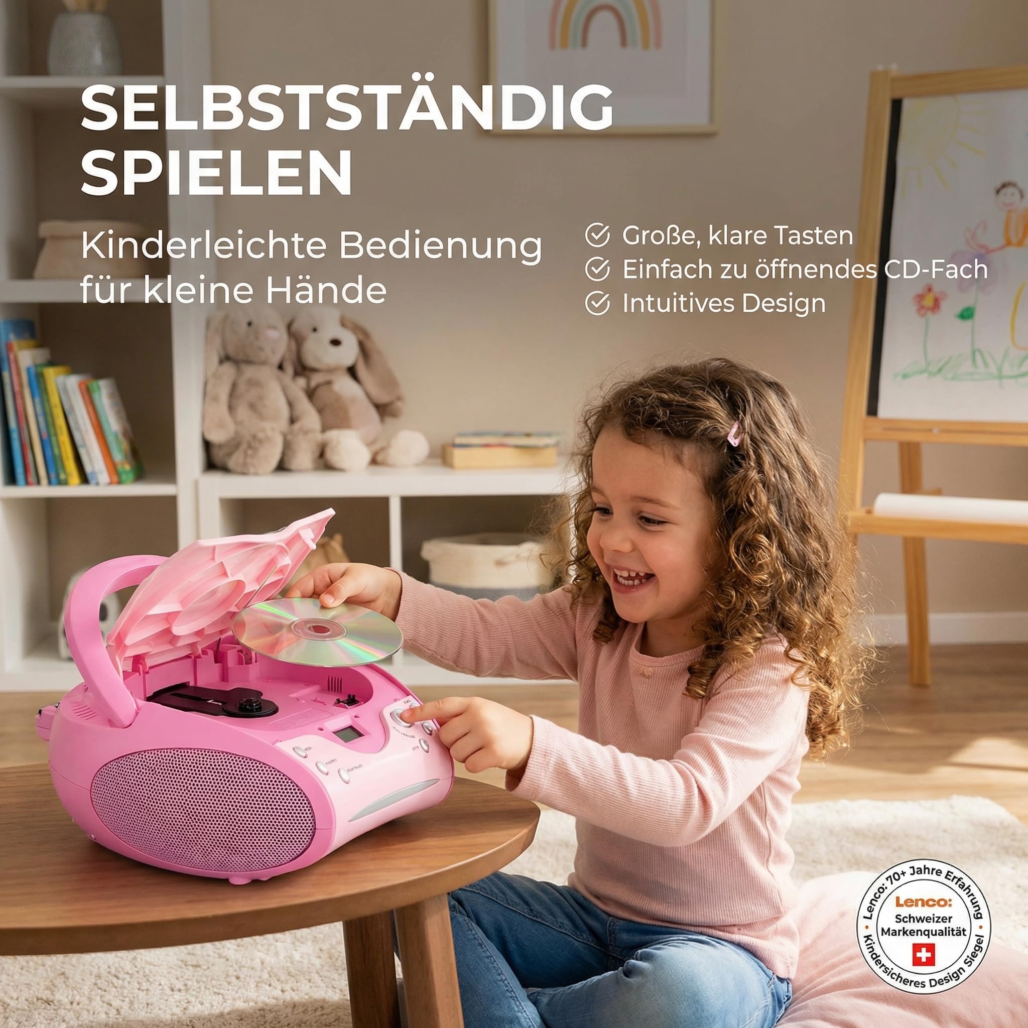 Lenco SCD-24 PINK - CD Player - Radio-CD Player - auch für Kinder - Tragbar | SCD-24 - CD Spieler - Stereo - LCD - Display - Kopfhöreranschluss - Batterie u. Netzbetrieb - rosa