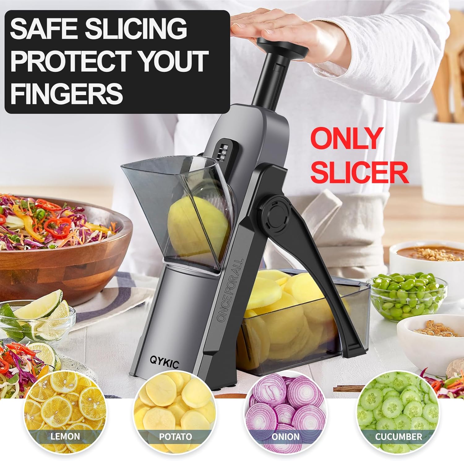 QYKIC Safe Mandoline Slicer, Potato Clips Vegetable Food Cutter, Thickness Adjustable for Cucumber Onion Lemon with Vegetable Peeler (Only Slicer) Black