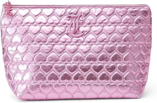 Juicy Couture Pink Makeup Bag Cosmetics Organizer Travel Essentials Top Zip Pouch Shiny Quilted Heart