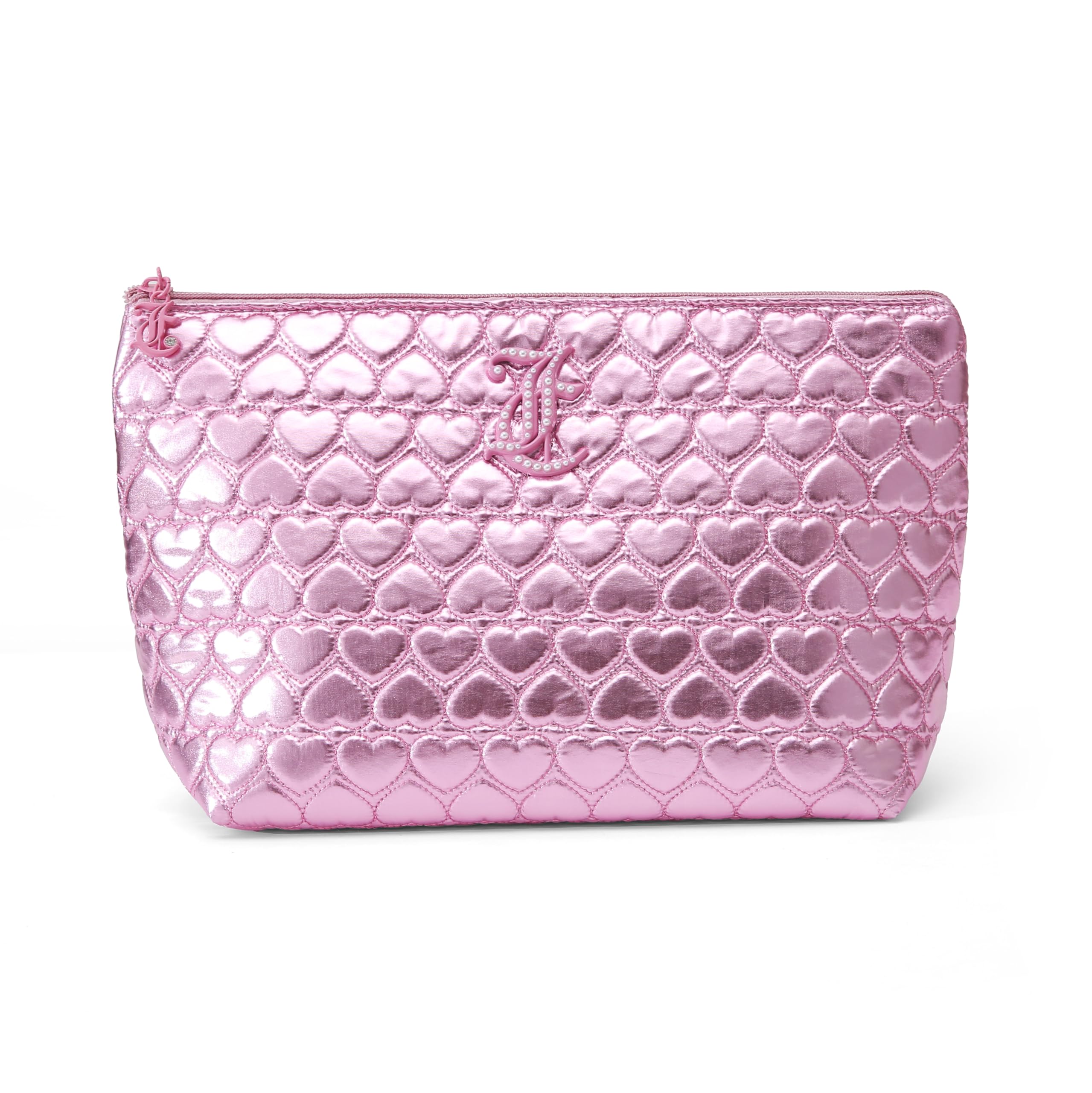 Juicy Couture Pink Makeup Bag Cosmetics Organizer Travel Essentials Top Zip Pouch Shiny Quilted Heart