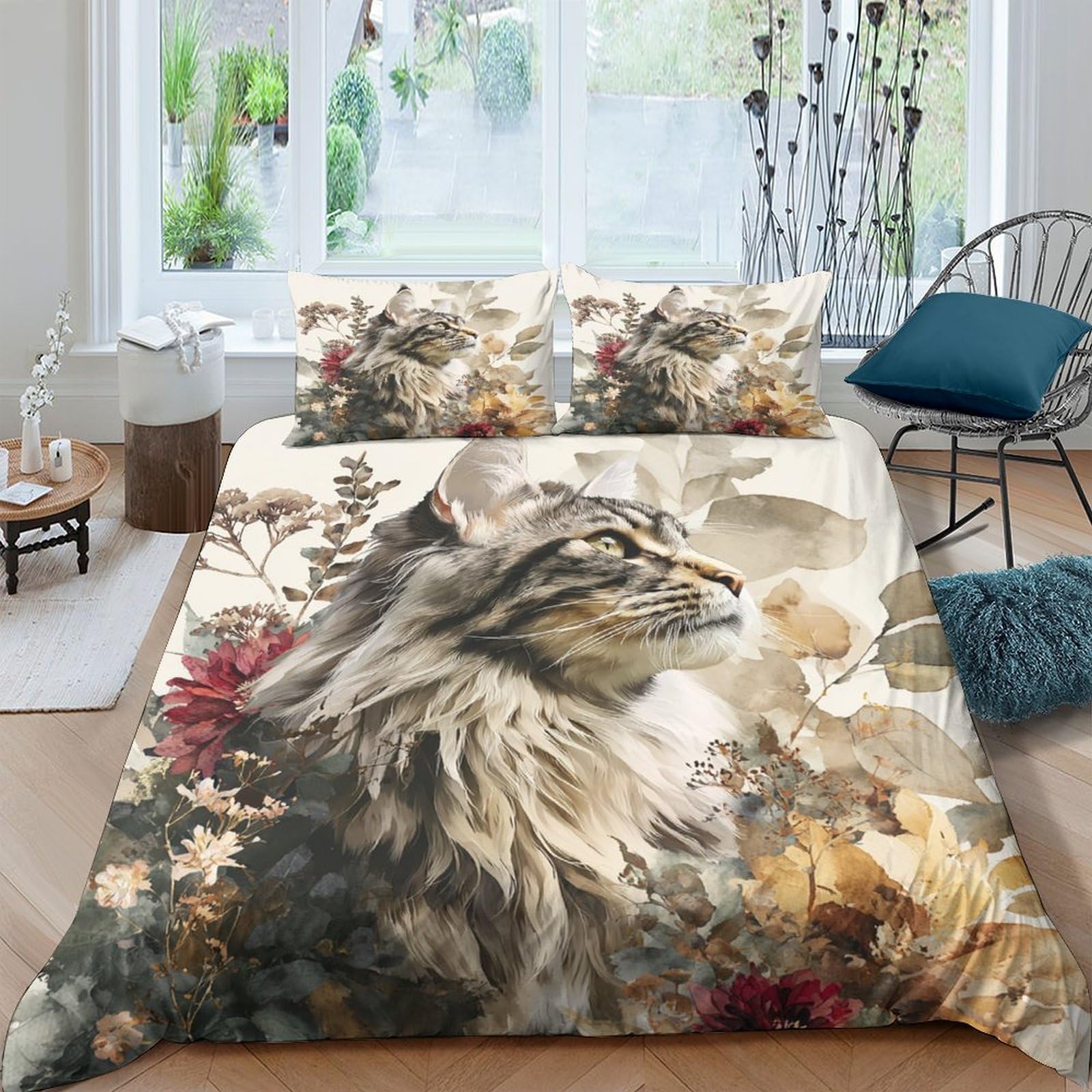 Ctjqhvkz Style-3 3D Printed Forest Cat Fitted Sheet Microfiber Soft Breathable Autumn Leaves Mattress Cover For Bedroom Guest Room Decor Single（135X200cm）