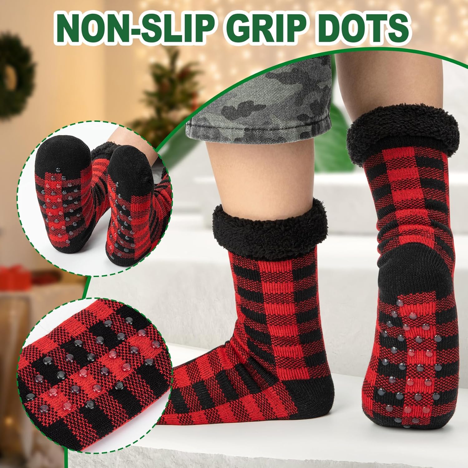 Mens Slipper Socks with Grippers, Winter Gift Warm Thermal Fuzzy with Non Slip Floor Home Socks US 9-12 - Image 4