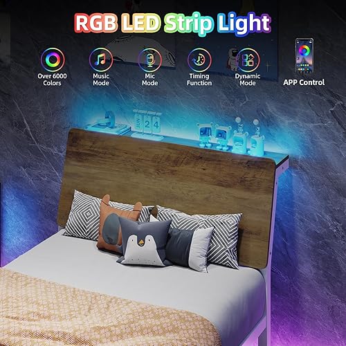 Miniatura 3 de Base de cama individual con cabecera de almacenamiento ergonómica, plataforma de metal con luces LED, listones de metal resistentes, no necesita
