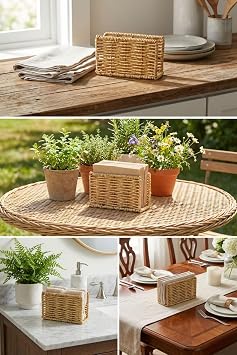 BUFFER Dekoratif Dikdörtgen Peçetelik, Doğal Hasır Dokulu Plastik Rattan, Masaüstü Peçete Standı, 15x9x5.5 cm