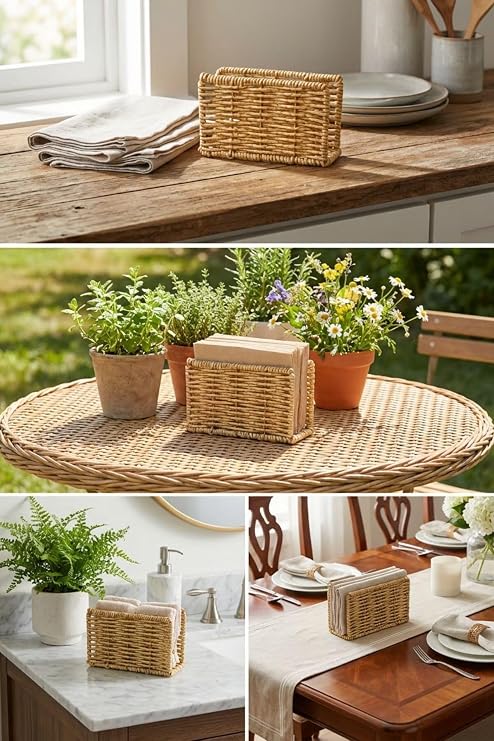 BUFFER Dekoratif Dikdörtgen Peçetelik, Doğal Hasır Dokulu Plastik Rattan, Masaüstü Peçete Standı, 15x9x5.5 cm