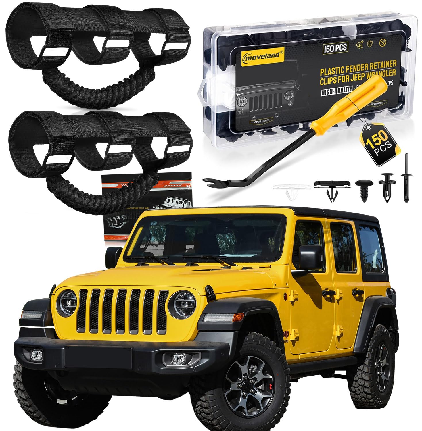 moveland Upgrade Roll Bar Grab Handles + Fender Flare Clips for 1955-2023 Jeep Wrangler JL, JK, TJ, YJ & Jeep Gladiator