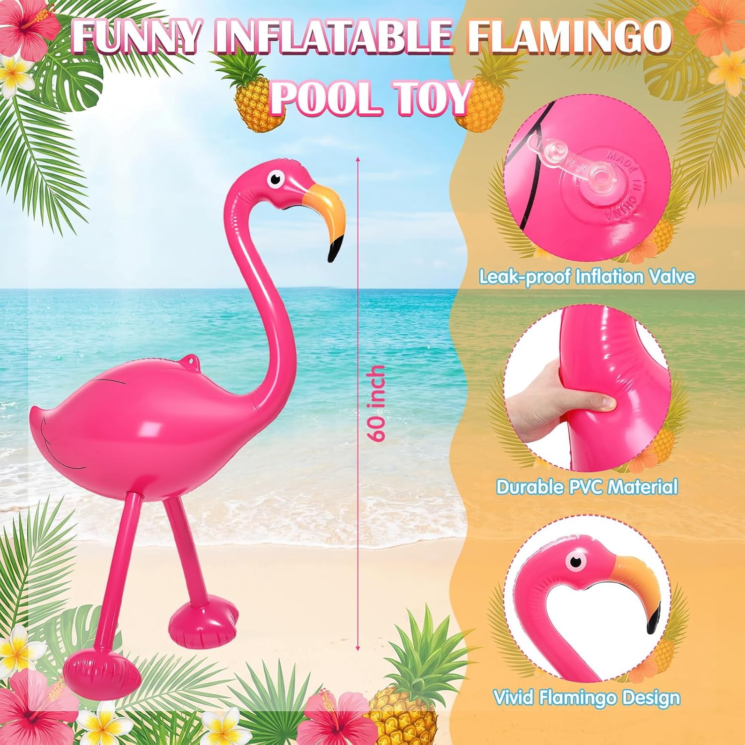 Realspring 3 Pcs 60 Inch Giant Inflatable Pink Flamingo Large PVC Flamingo Animal Blow-up Pool Toy Beach Luau Summer Birthday Party Accessories for Adults Boys Outdoor Indoor Hawaiian Decoration