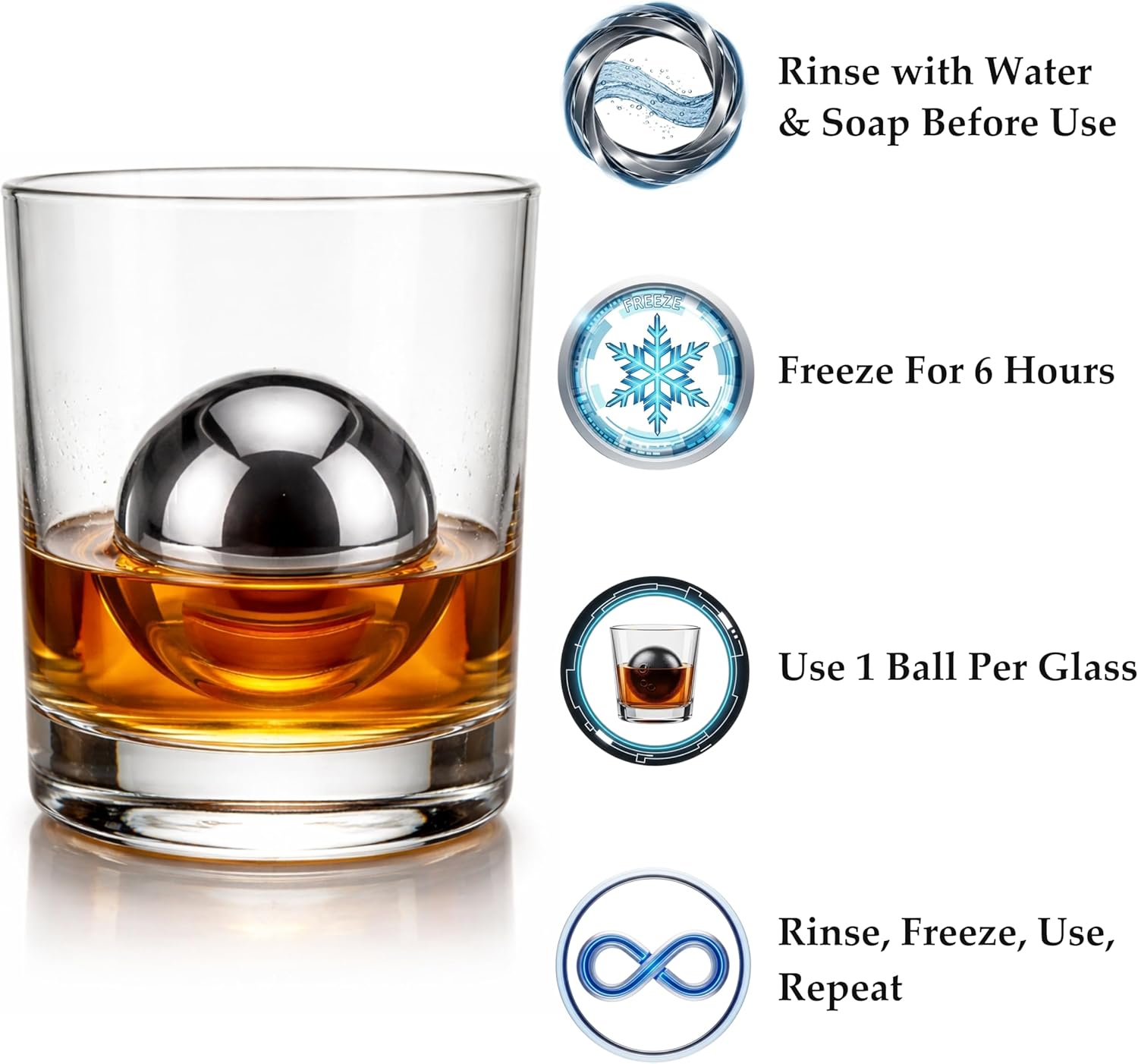 4 Premium XXL 55mm Stainless Steel Ice Whiskey Balls with Freezer Tray| Whiskey Rocks, Chilling Stones, Whiskey Stone Ice Cube Balls, Round Chilling Spheres (Not Solid Steel)