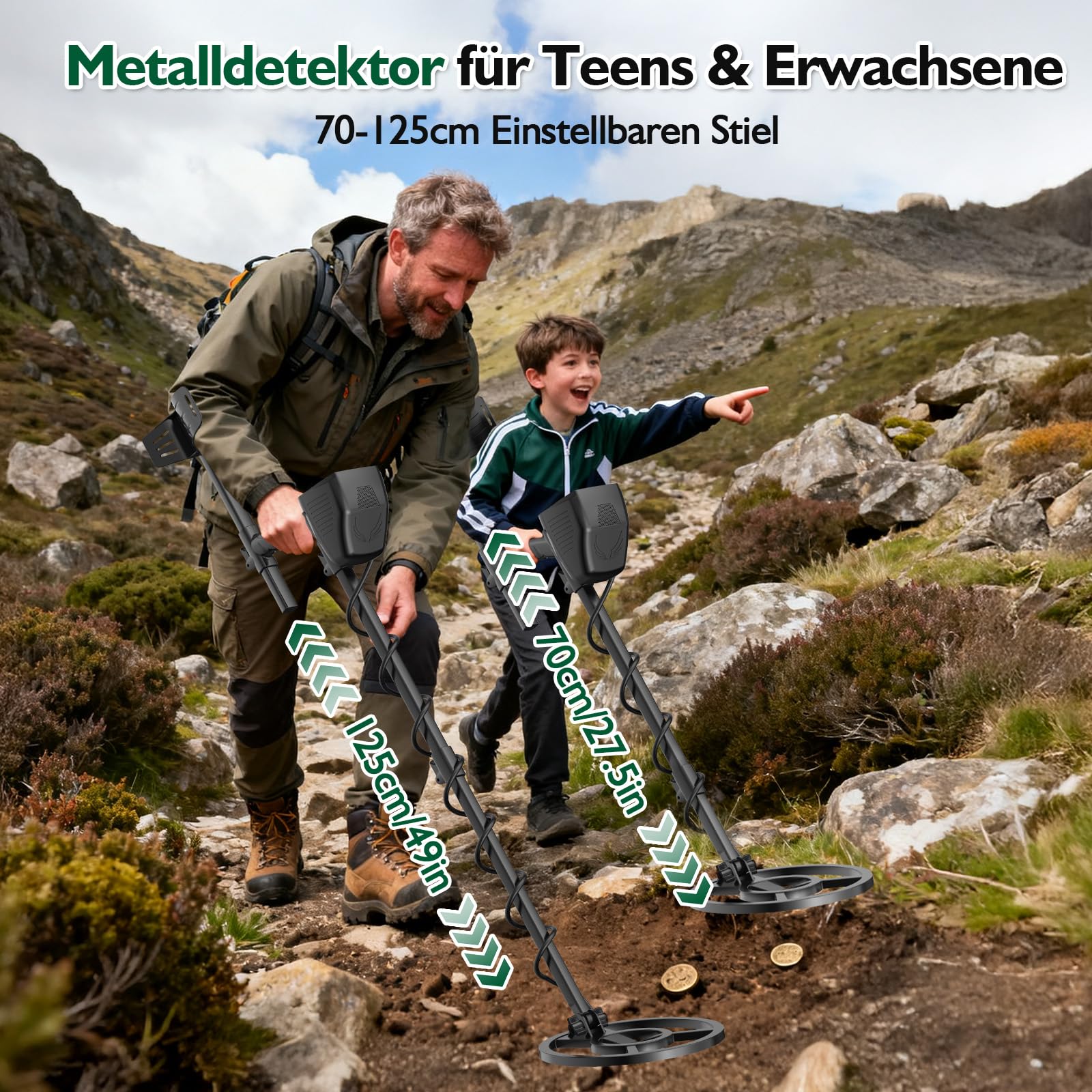 OMMO Detector de Metales Profesional para Adultos y Niños, Pinpointer Detector de Metales Recargable por USB, 3 Modos, Alta Precisión, Bobina Impermeable IP68, Metal Detector con Auriculares, Verde