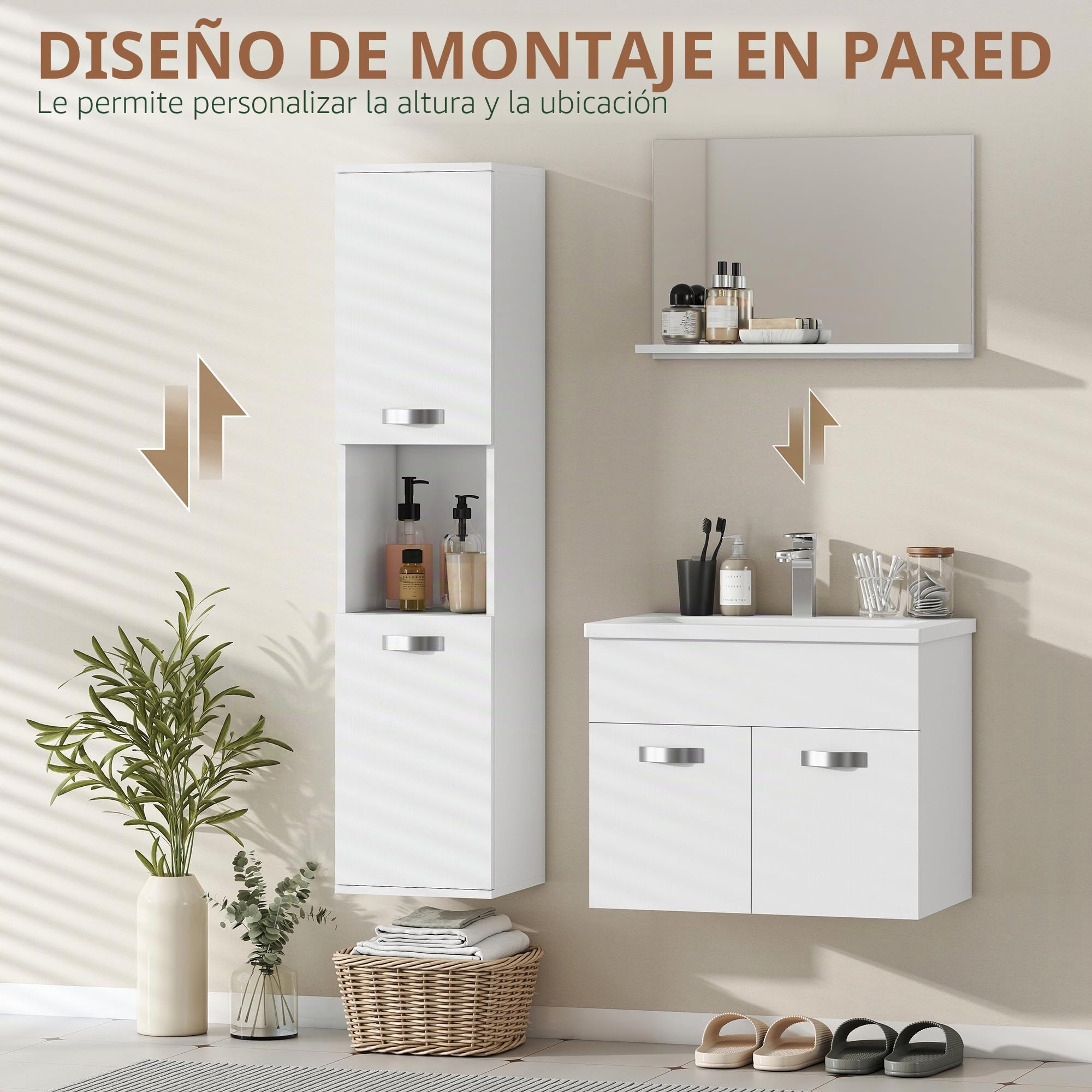 kleankin - Juego de muebles de baño (4 piezas, montaje en pared, con espejo, lavabo, lavabo de cerámica y armario, columna alta, estantes ajustables, estilo moderno, blanco
