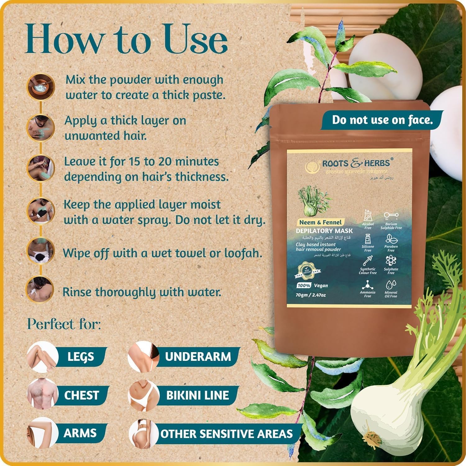 Roots and Herbs Neem - Maschera per depilazione al finocchio, per donne e uomini, gambe, ascelle, petto, con erbe ayurvediche per tutti i tipi di pelle, 470 ml (confezione da 1)