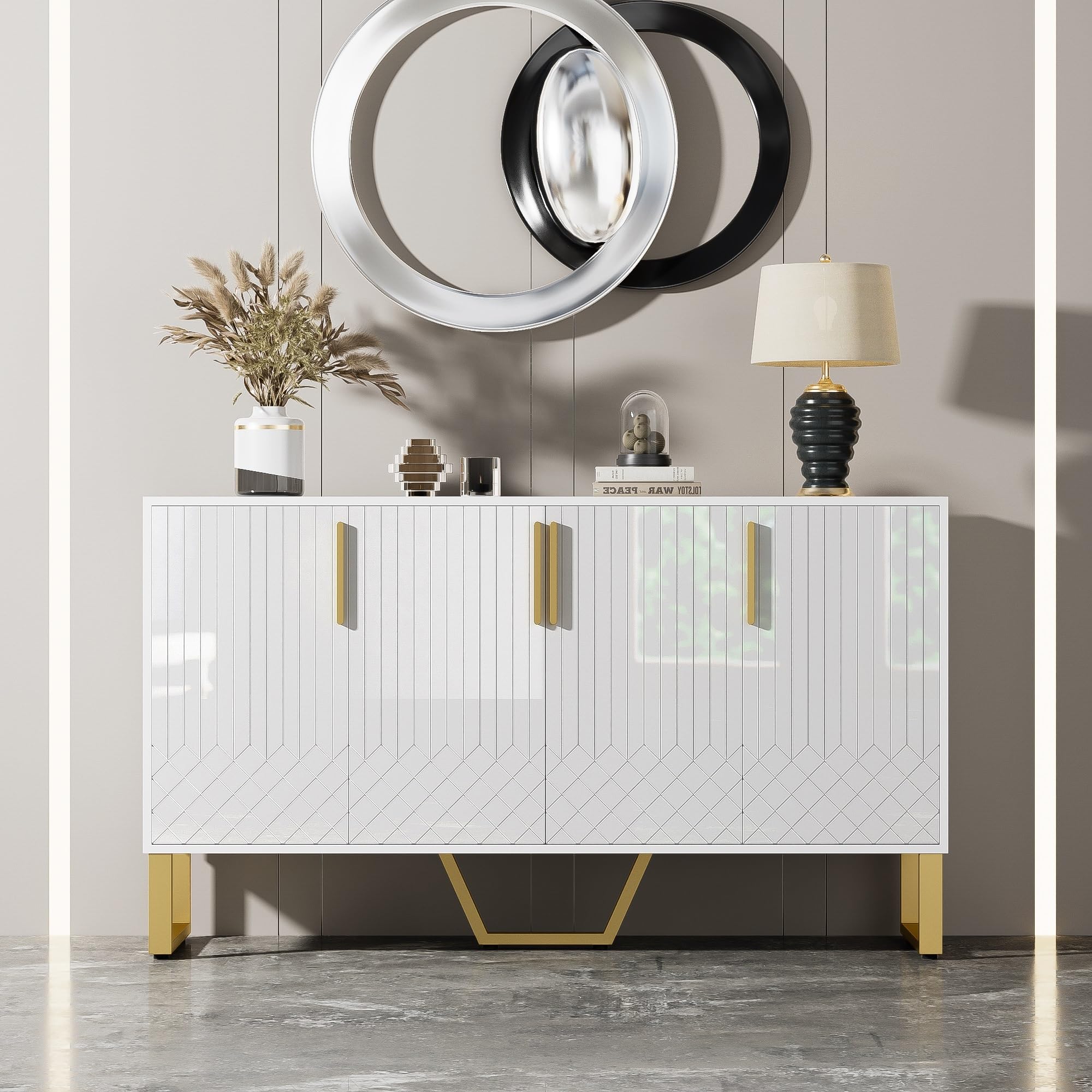 Azkoeesy Credenza Bianca 160 Cm Con Ante A Specchio E Manici In Cristallo - Buffet Moderno Per Soggiorno, Sala Da Pranzo E Cucina - 3