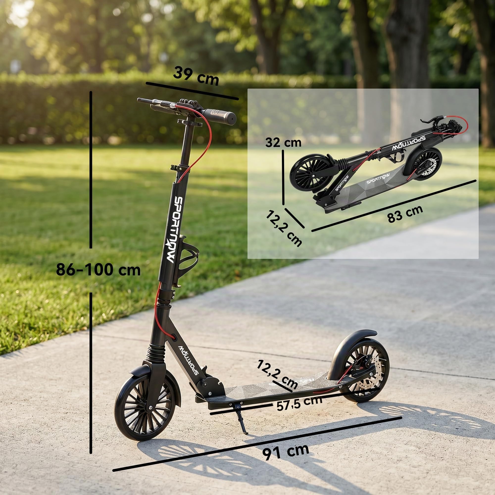 SPORTNOW Trottinette de ville en aluminium réglable en hauteur et pliable, avec roues en polyuréthane de 200 mm, roulements à billes ABEC-7, double système de frein, porte-gobelet, jusqu'à 100 kg