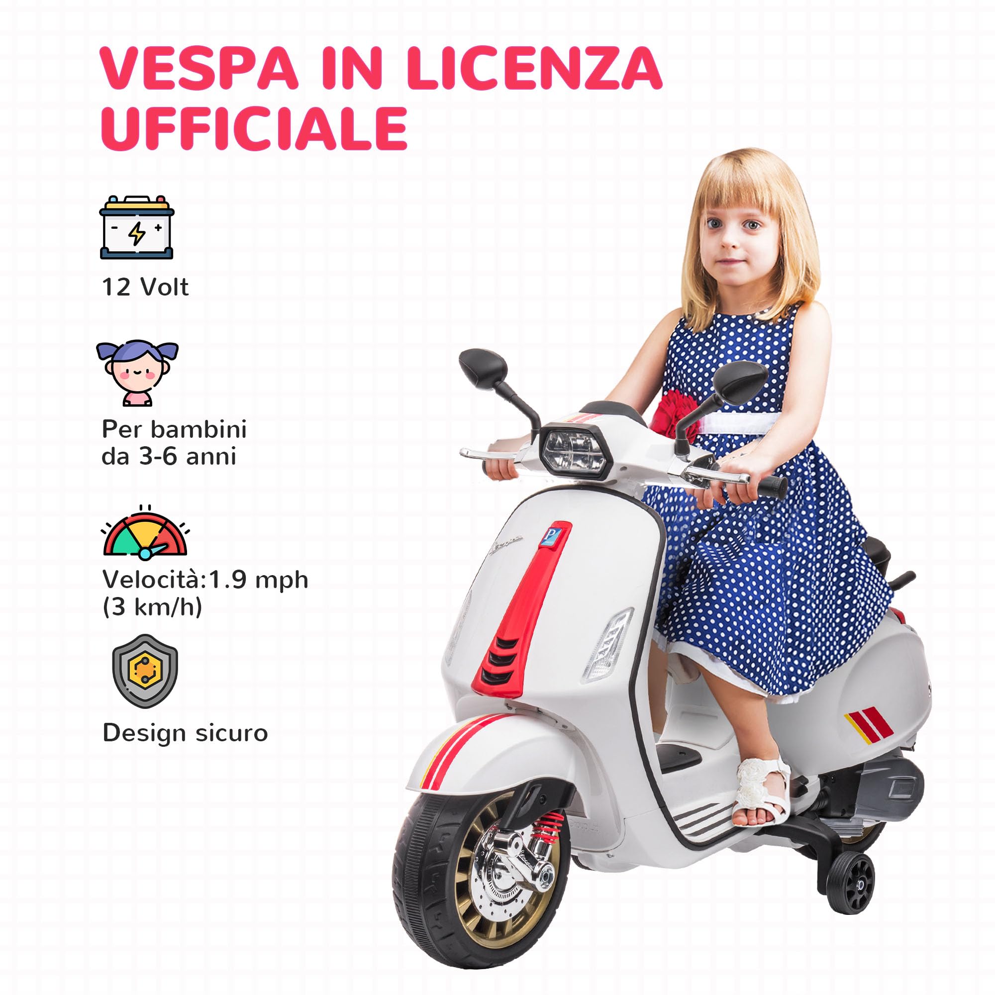 AIYAPLAY 12V Moto Elettrica per Bambini 3-6 Anni a Licenza Vespa con Rotelle, Fanale e Musica, Moto Giocattolo in PP e Metallo, 107x47x73 cm, Bianco